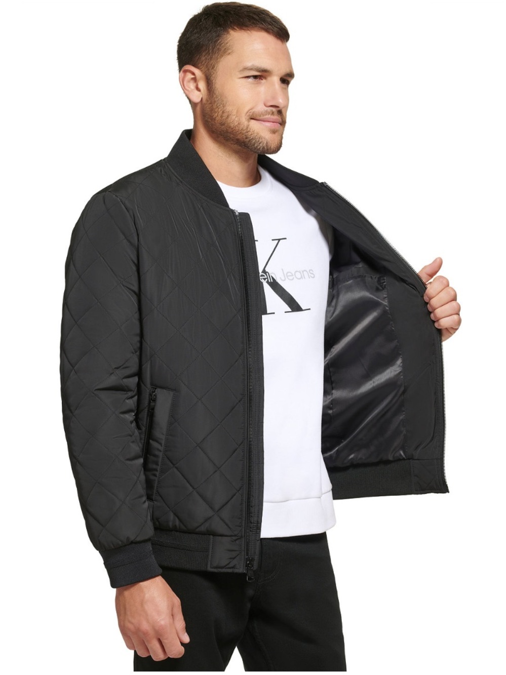 Calvin Klein Men's Quilted Baseball Jacket with Rib-Knit Trim in Black XXL - Picture 4 of 11